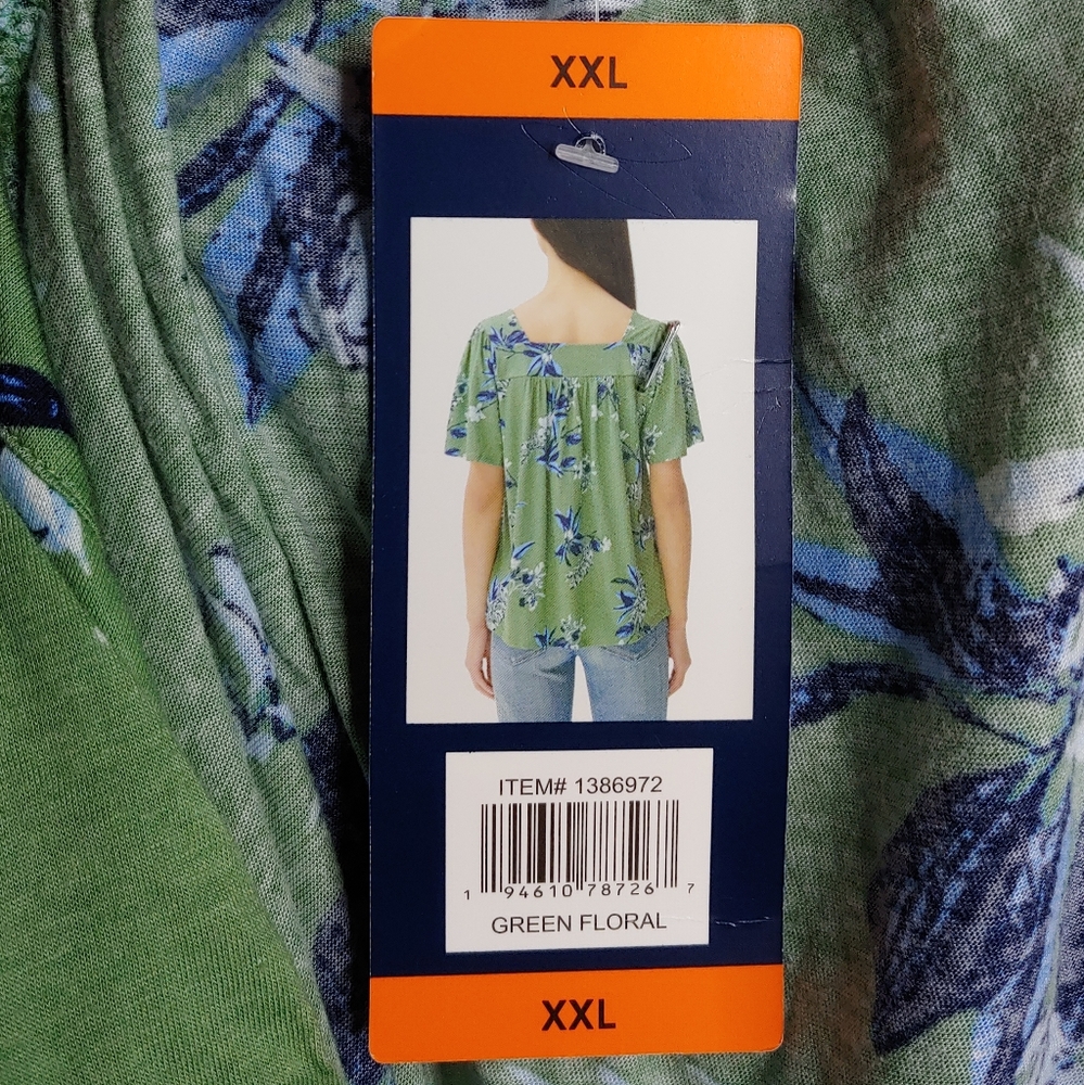 Lucky Brand Green Floral Square Neck Short Sleeve Blouse Size XXL New With Tags - Picture 16 of 16